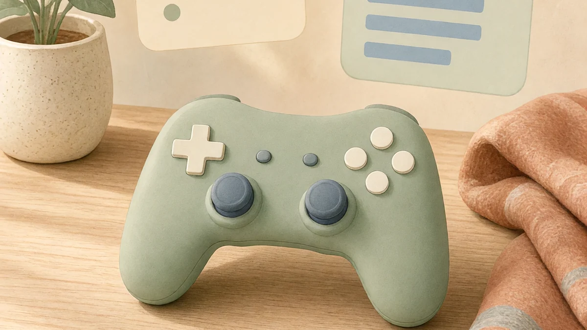 A sage green unbranded game controller resting on a light wood desk beside a potted plant and a folded blanket, with blank settings panels pinned on the wall behind