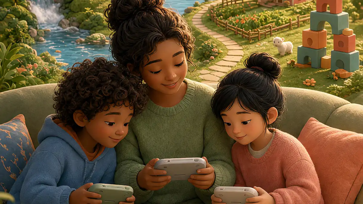 An adult and two children holding generic handheld consoles in front of a miniature landscape with water, habitat, a farm, and blocks