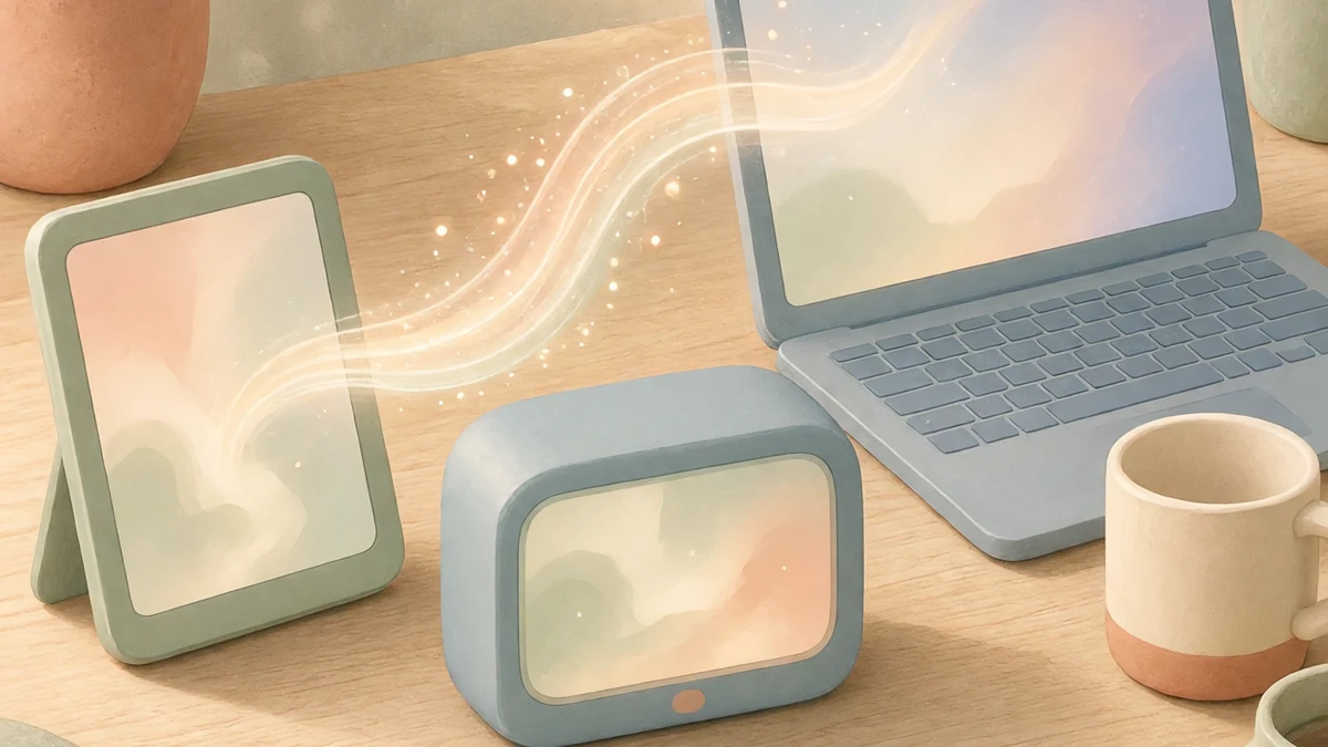 Uma mesa tranquila com três aparelhos sem marca e uma faixa de luz levando pontos brilhantes entre as telas apagadas