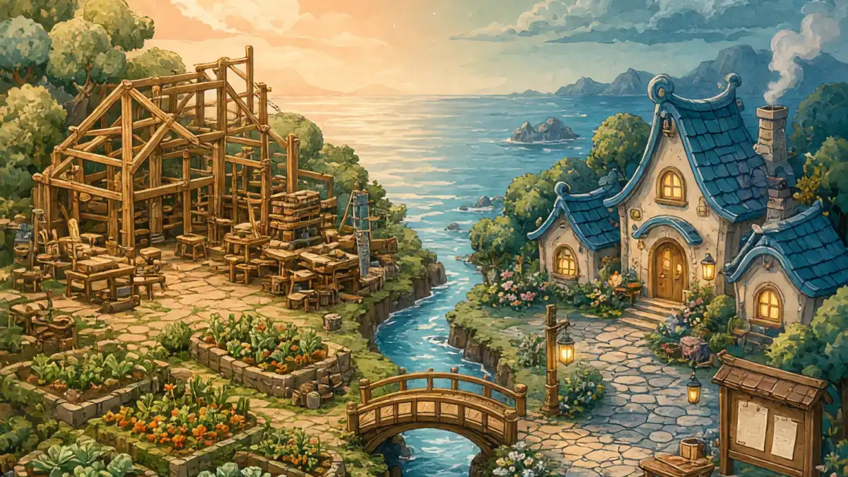 Uma ponte entre um jardim ensolarado em construção e uma vila cozy ao luar